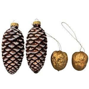 set of dusted frost & glitter glass pine cone ornaments and 2 gold walnut